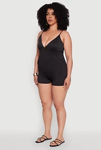 Womens Plus Size Textured Knit Tie Back Plunge Neck Romper, Black, Size 1X