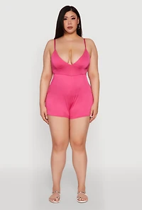Womens Plus Size Textured Knit Tie Back Plunge Neck Romper, Pink, Size 2X