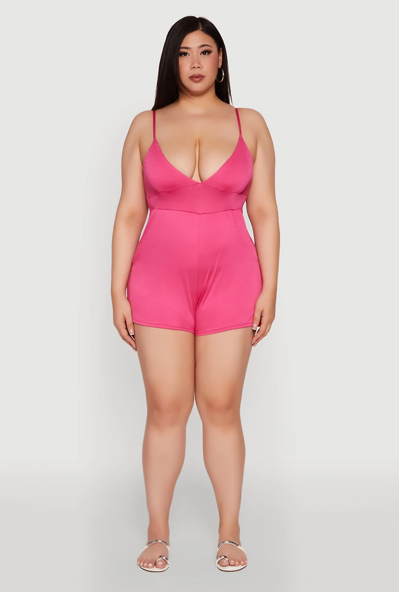 Womens Plus Size Textured Knit Tie Back Plunge Neck Romper, Pink, Size 1X