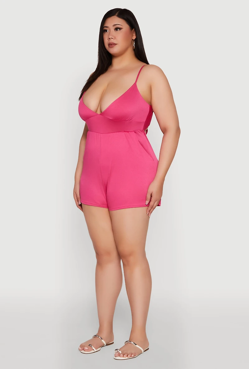 Womens Plus Size Textured Knit Tie Back Plunge Neck Romper, Pink, Size 2X