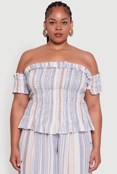 Plus Striped Off The Shoulder Peplum Top