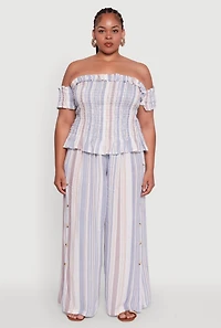 Womens Plus Size Striped Off The Shoulder Peplum Top, Multi, Size 3X