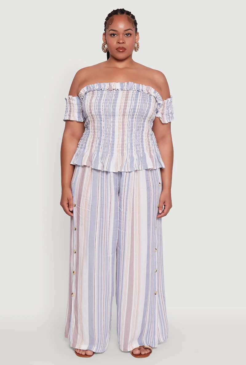 Womens Plus Striped Off The Shoulder Peplum Top, Multi,