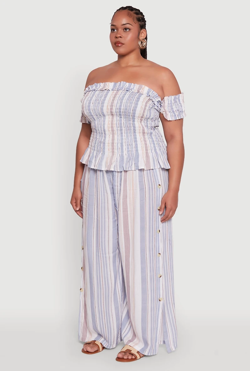 Womens Plus Size Striped Off The Shoulder Peplum Top, Multi, Size 3X