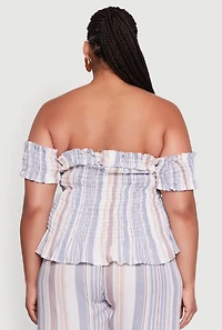 Womens Plus Size Striped Off The Shoulder Peplum Top, Multi, Size 3X