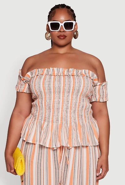 Womens Plus Striped Off The Shoulder Peplum Top, Multi,