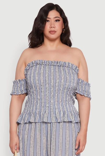 Womens Plus Size Striped Off The Shoulder Peplum Top, Blue, Size 3X