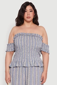 Womens Plus Size Striped Off The Shoulder Peplum Top, Blue, Size 3X