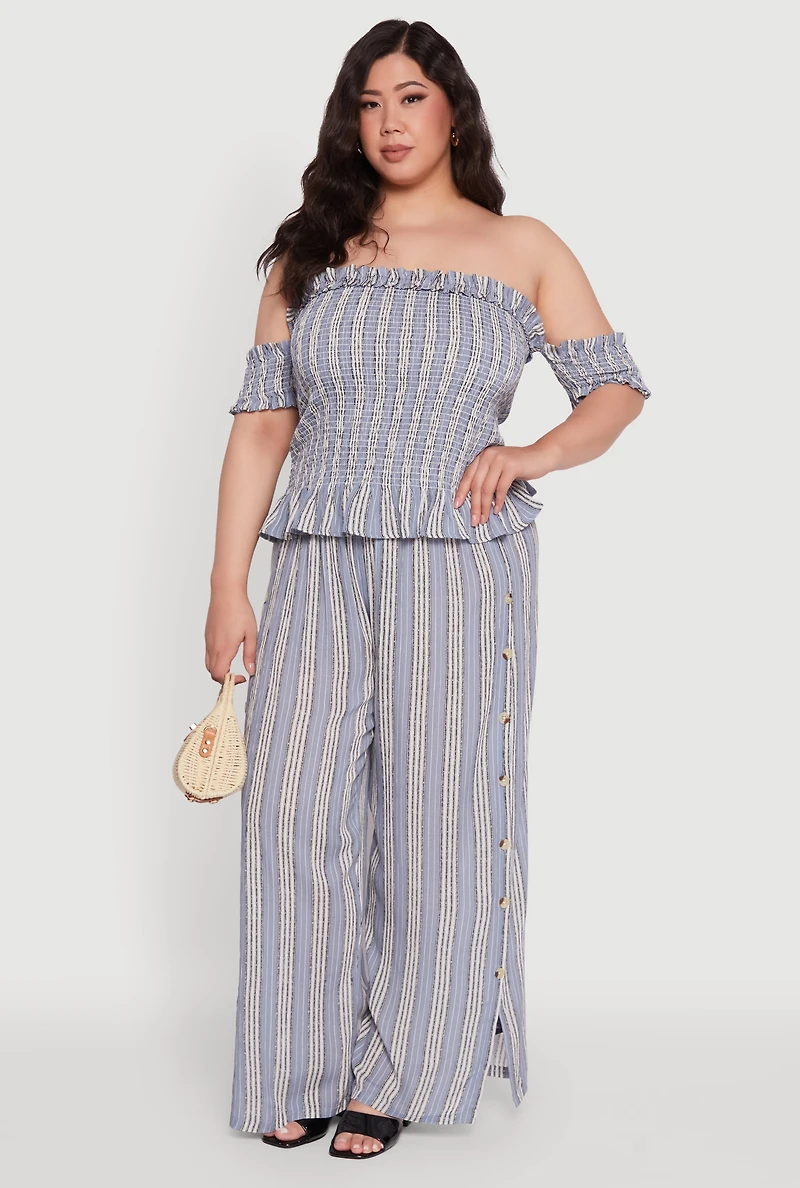 Womens Plus Size Striped Off The Shoulder Peplum Top, Blue, Size 3X