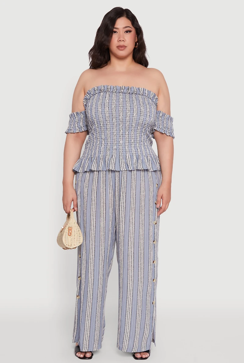 Womens Plus Size Striped Off The Shoulder Peplum Top, Blue, Size 3X