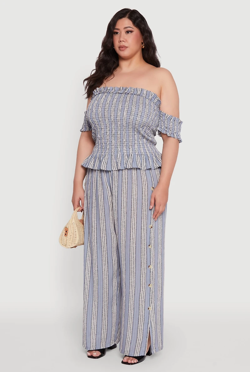 Womens Plus Size Striped Off The Shoulder Peplum Top, Blue, Size 3X