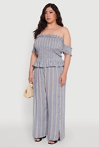 Womens Plus Size Striped Off The Shoulder Peplum Top, Blue, Size 3X