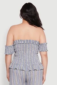 Womens Plus Size Striped Off The Shoulder Peplum Top, Blue, Size 3X