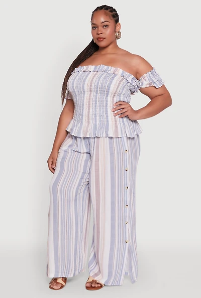 Womens Plus Size Striped Buttoned Split Hem Palazzo Pants, Multi, Size 3X