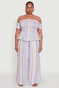 Womens Plus Size Striped Buttoned Split Hem Palazzo Pants, Multi, Size 1X