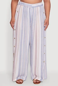 Womens Plus Size Striped Buttoned Split Hem Palazzo Pants, Multi, Size 1X