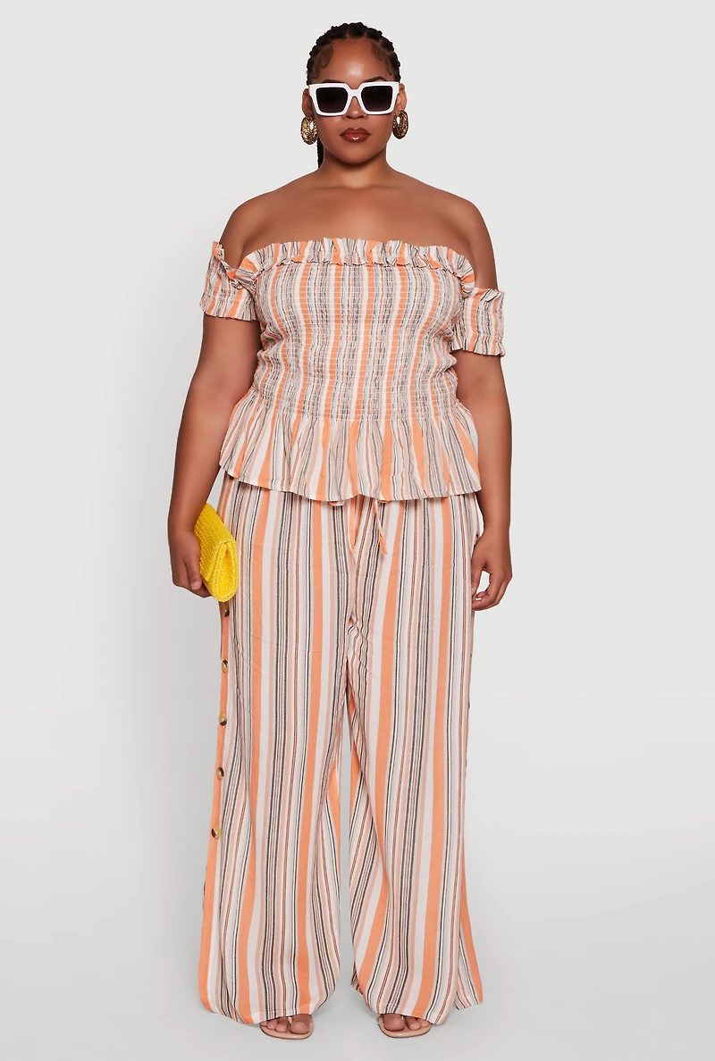 Womens Plus Size Striped Buttoned Split Hem Palazzo Pants, Multi, Size 2X