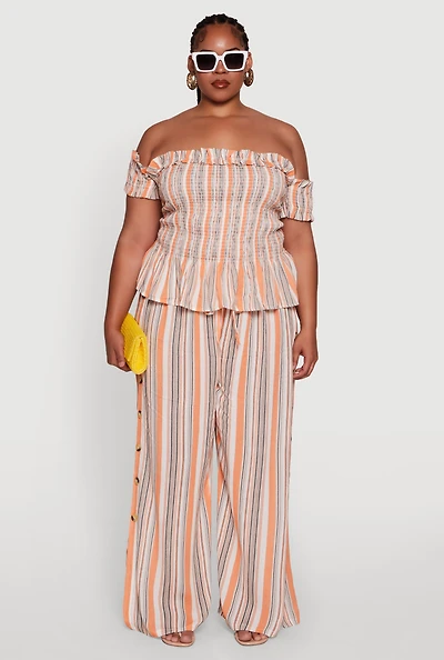 Womens Plus Size Striped Buttoned Split Hem Palazzo Pants, Multi, Size 2X