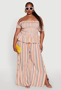 Womens Plus Striped Buttoned Split Hem Palazzo Pants, Multi,