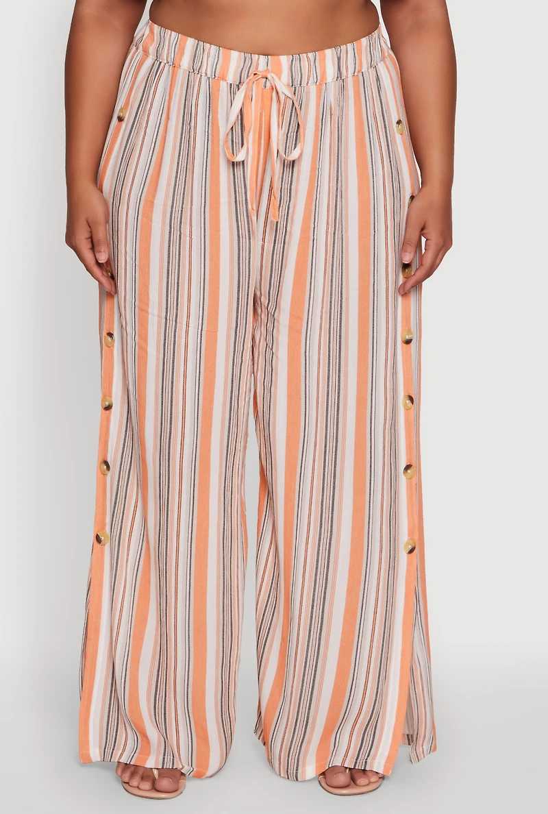 Womens Plus Striped Buttoned Split Hem Palazzo Pants, Multi,