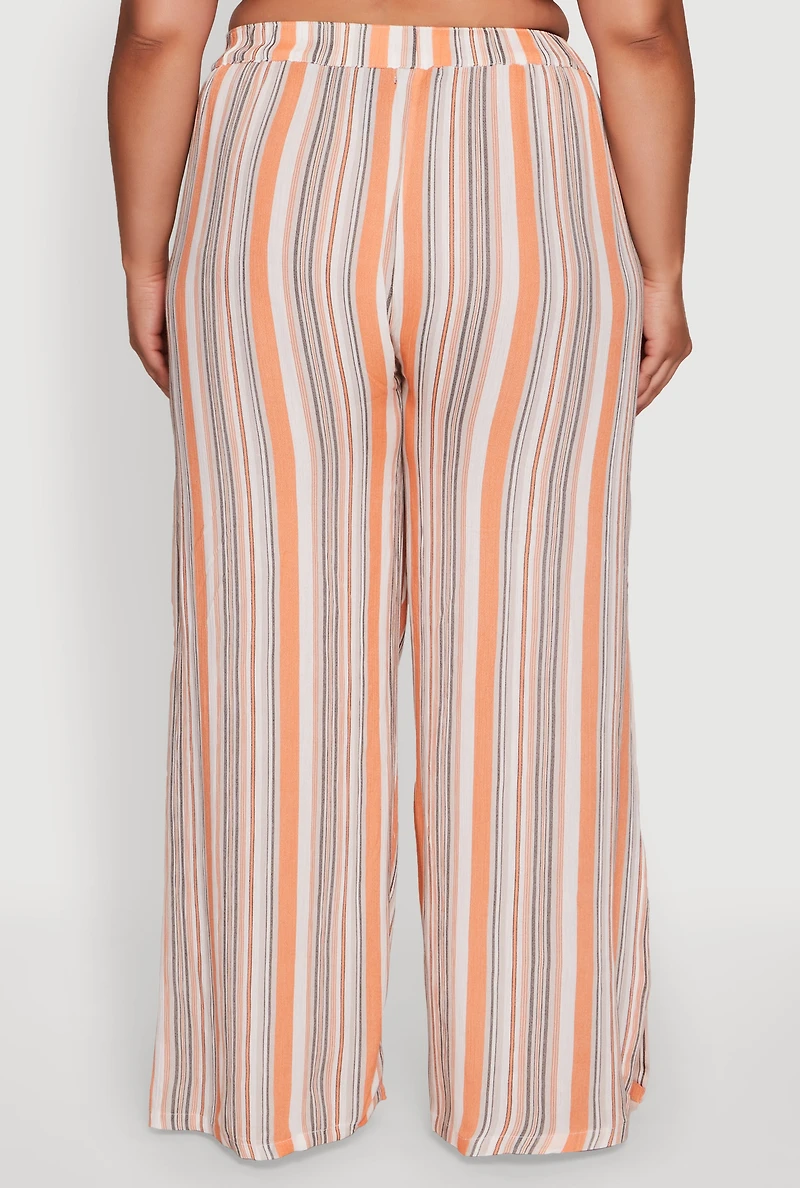Womens Plus Striped Buttoned Split Hem Palazzo Pants, Multi,