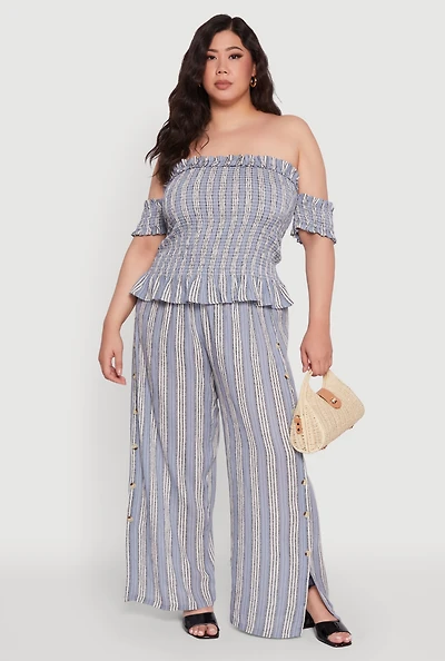 Womens Plus Size Striped Buttoned Split Hem Palazzo Pants, Blue, Size 3X