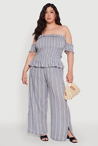 Womens Plus Size Striped Buttoned Split Hem Palazzo Pants, Blue, Size 3X