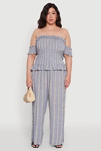 Womens Plus Size Striped Buttoned Split Hem Palazzo Pants, Blue, Size 3X