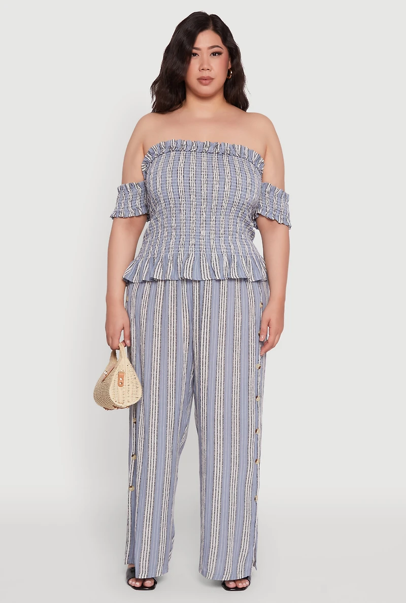 Womens Plus Size Striped Buttoned Split Hem Palazzo Pants, Blue, Size 3X