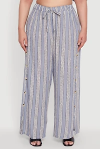 Womens Plus Size Striped Buttoned Split Hem Palazzo Pants, Blue, Size 3X