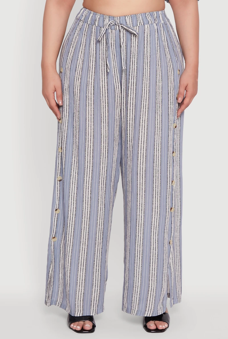 Womens Plus Size Striped Buttoned Split Hem Palazzo Pants, Blue, Size 3X