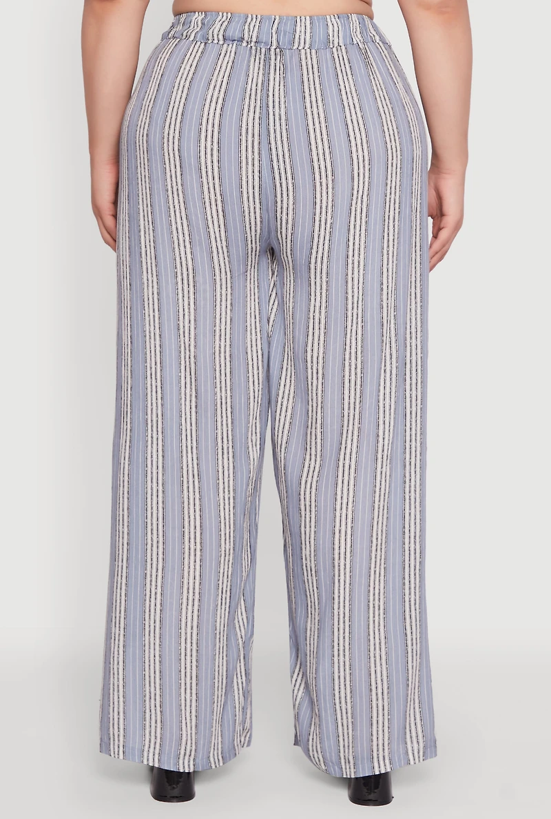 Womens Plus Size Striped Buttoned Split Hem Palazzo Pants, Blue, Size 3X