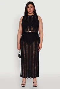Womens Plus Size Stylish High Neck Shadow Stripe Crop Top, Black, Size 1X