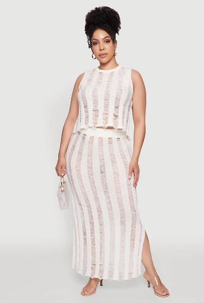 Womens Plus Size Trendy Distressed High Waist Maxi Skirt, White, Size 3X