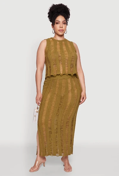 Womens Plus Size Trendy Distressed High Waist Maxi Skirt, Green, Size 2X