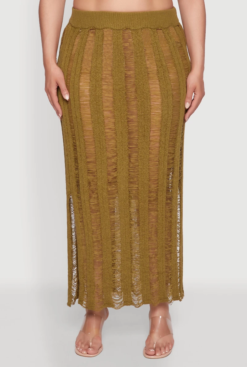 Womens Plus Size Trendy Distressed High Waist Maxi Skirt, Green, Size 2X