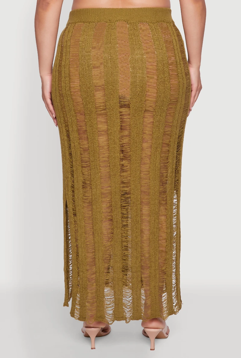 Womens Plus Size Trendy Distressed High Waist Maxi Skirt, Green, Size 2X