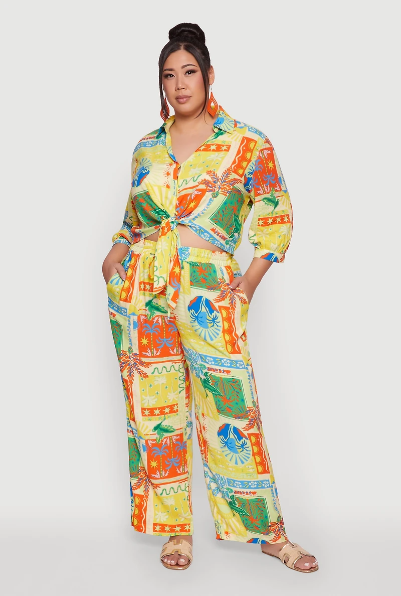 Womens Plus Size High Waisted Floral Print Palazzo Pants, Multi, Size 2X