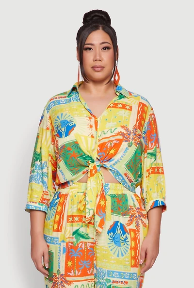 Womens Plus Size Floral Print Tie Button Front Blouse, Multi, Size 2X