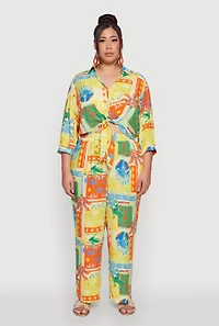 Womens Plus Floral Print Tie Button Front Blouse, Multi,