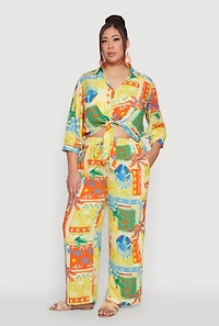 Womens Plus Floral Print Tie Button Front Blouse, Multi,
