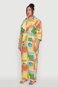 Womens Plus Floral Print Tie Button Front Blouse, Multi,