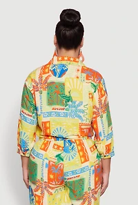 Womens Plus Floral Print Tie Button Front Blouse, Multi,