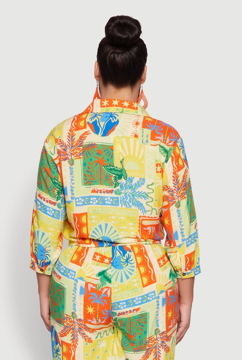 Plus Floral Print Tie Button Front Blouse