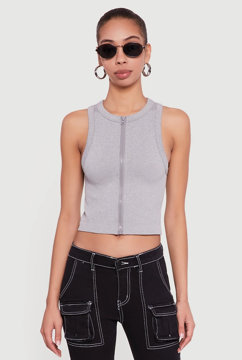 Seamless Zip Front Ribbed Knit Tank Top