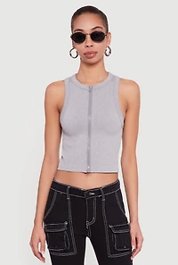 Seamless Zip Front Ribbed Knit Tank Top