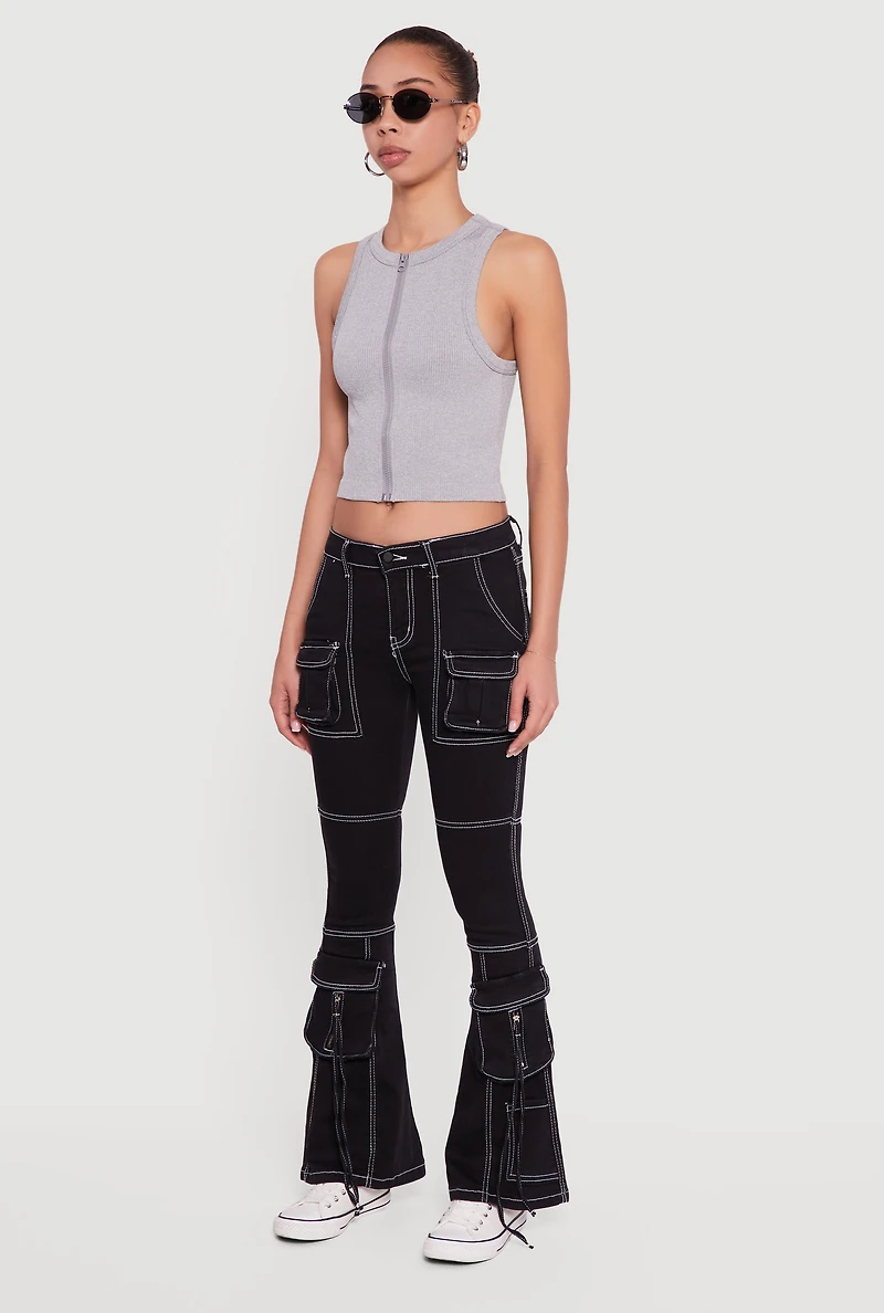 Seamless Zip Front Ribbed Knit Tank Top