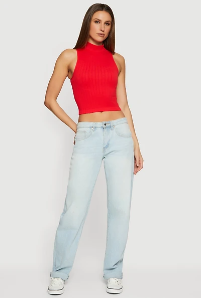 Seamless Ribbed Knit Mock Neck Crop Tank Top