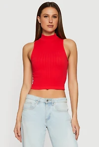 Womens Seamless Ribbed Knit Mock Neck Crop Tank Top, Red, Size L-XL