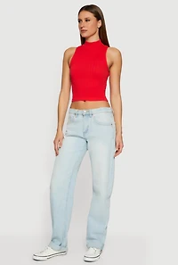 Womens Seamless Ribbed Knit Mock Neck Crop Tank Top, Red, Size L-XL